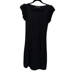 Giambattista Valli Black Midi Dress‎ Silk Linen Size XS Ruffled Sleeves Pleated